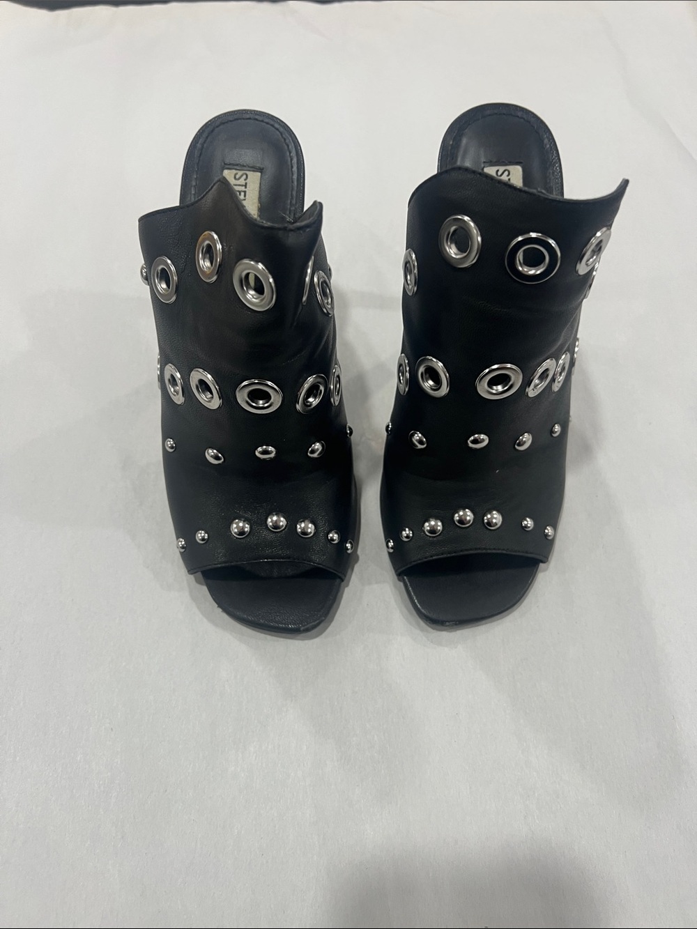 Steve Madden Black Leather Grommet & Stud Open-Toe Mule